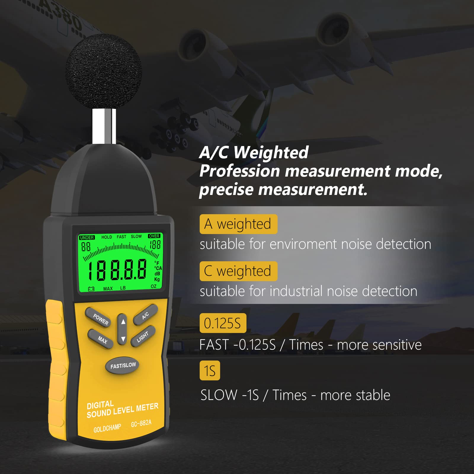 Testeur de décibels, niveau sonore 882A portable 30-130 dB avec écran LCD à 5 chiffres, testeur de bruit dBA/DBC, sélection rapide/lente pour le contrôle de la qualité du son, jaune
