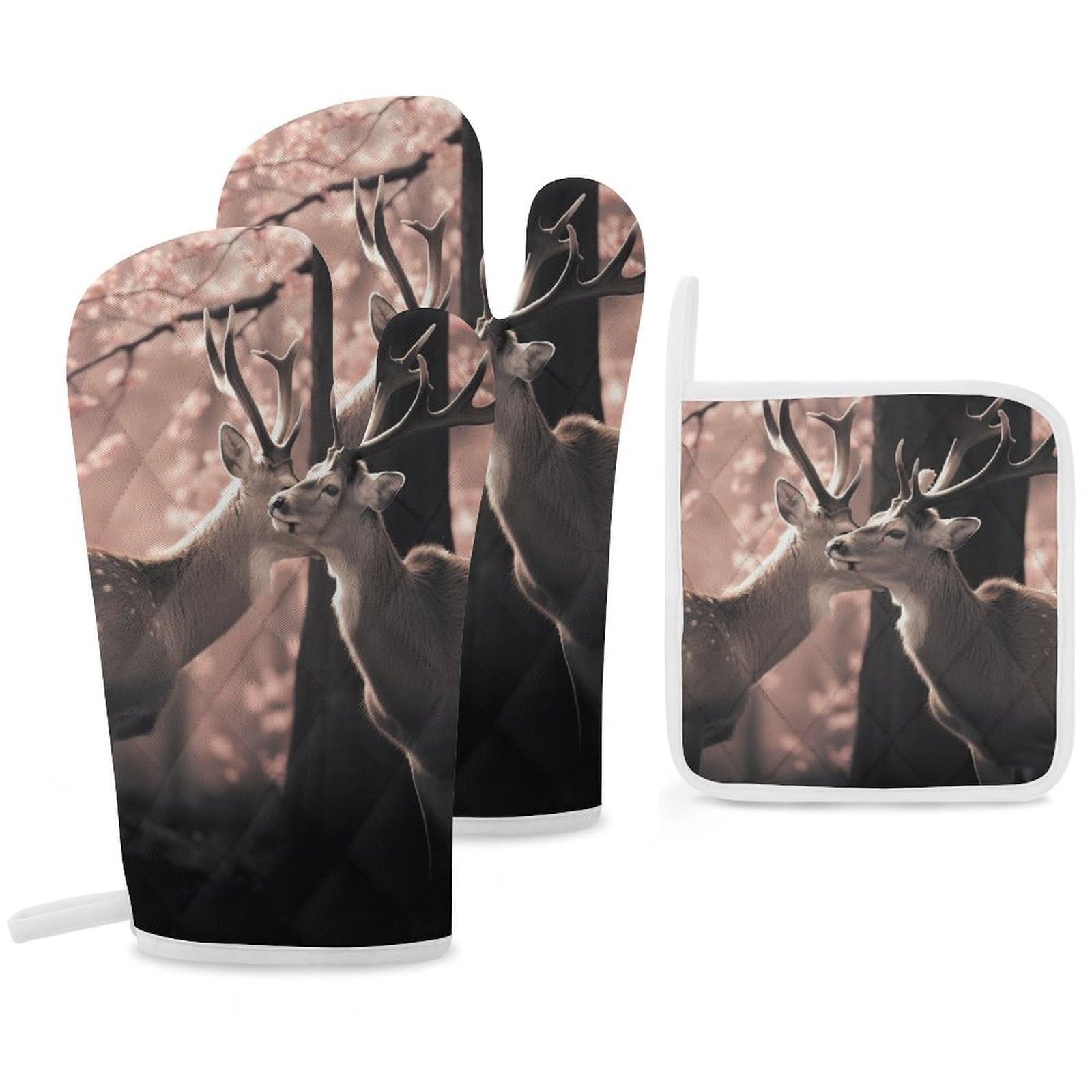 Oven Mitts And Pot Holders Sets of 3 Heat Resistant BBQ Gloves Lovely Deer Couple Oven Mitts Gloves Non-Slip Kitchen Mittens Potholders for Cooking Baking Grilling BBQ Microwave