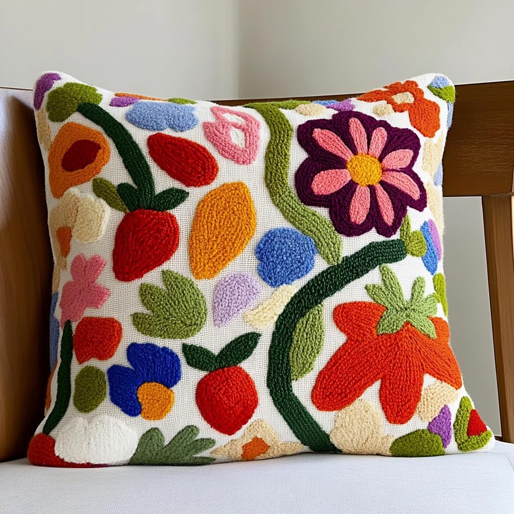 DIY Punch Needle Pillow Kit Strawberry and Flowers with Pattern and Hoop Handmade Embroidery Punch Needle Starter Pillowcase Set for Home Sofa Decor 43x43cm-1-1