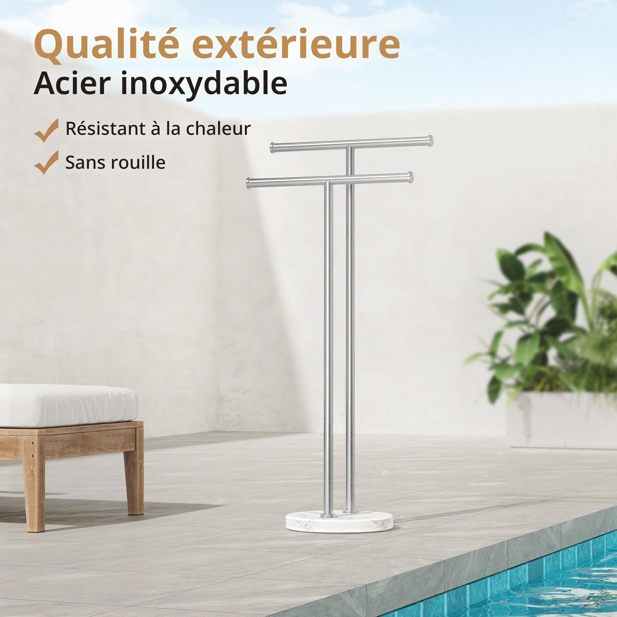 KES Porte-serviettes autoportant à 2 niveaux avec base ronde en marbre naturel de 4,8 kg, porte-serviettes au sol pour sol de salle de bain, double forme de T, acier inoxydable 18/8, finition brossée