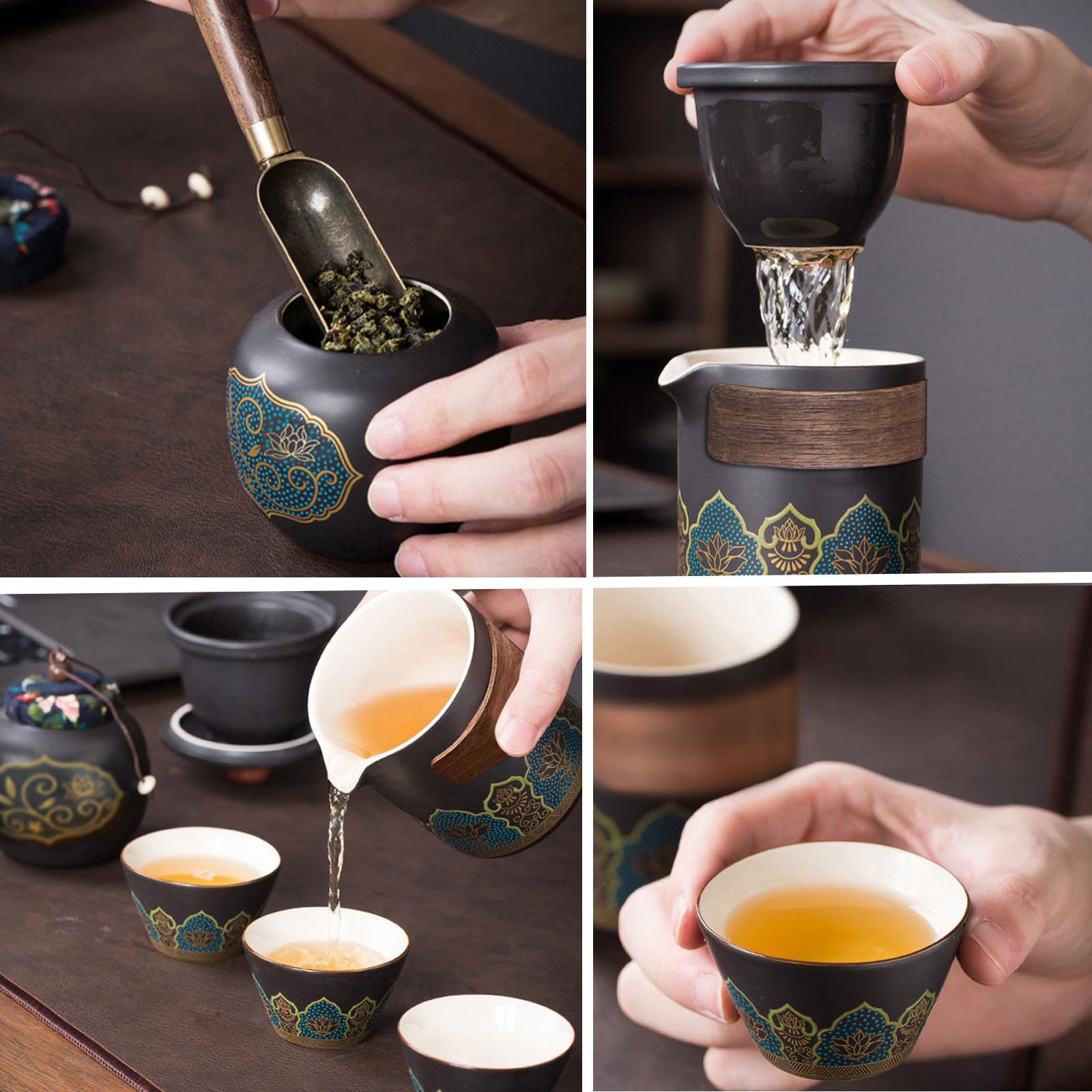 Japanisches Teeservice, 6 Stück Schönes Tea Set Porzellan Chinesische Teekanne Set, Gongfu Teeservice, Tragbares Schwarzes Keramik-Teekannenset 250ml, Traditionelles Teekanne Teeservice aus Porzellan