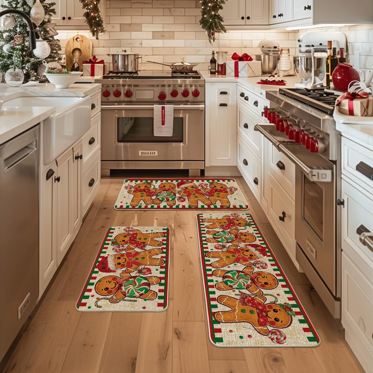 Artoid Mode Gingerbread Candy Cane Christmas Kitchen Mats Set of 2, Winter Home Decor Low-Profile Kitchen Rugs for Floor - 24x35 and 24x59 Inch