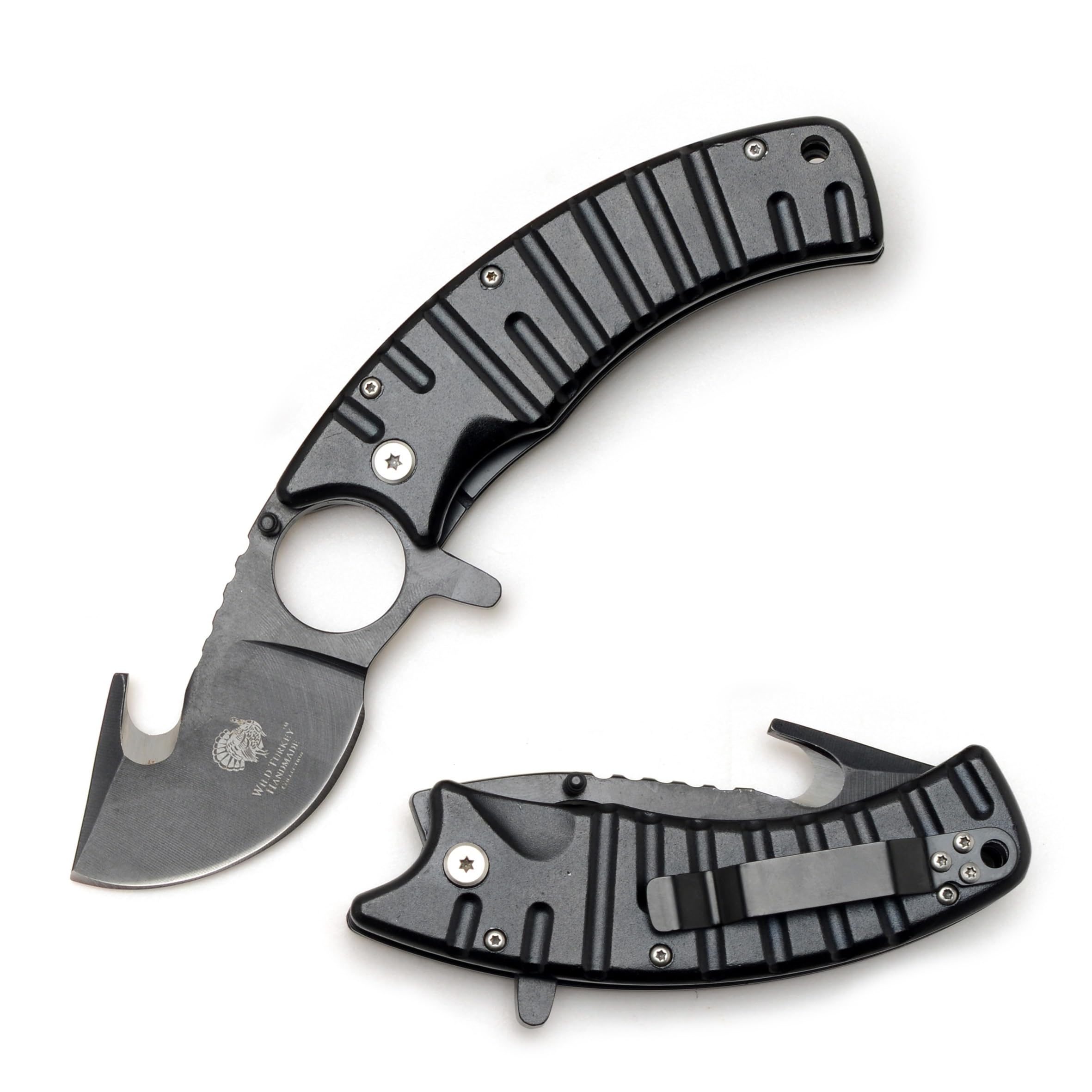 Wild Turkey Handmade Hunter's Choice Gut Hook Action Assisted Folding Knife Outdoors Camping Fishing Hunting (Black)