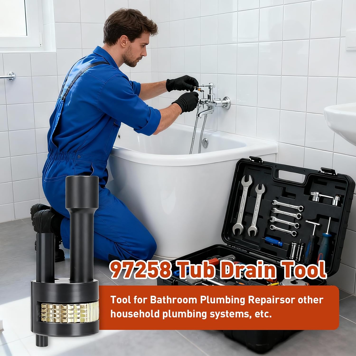 97258 Tub Drain Removal Tool, Golden Extractor Tub Drain Use With 3/8" Drive Ratchet Wrenches, Tub Drain Plumbing Repairs