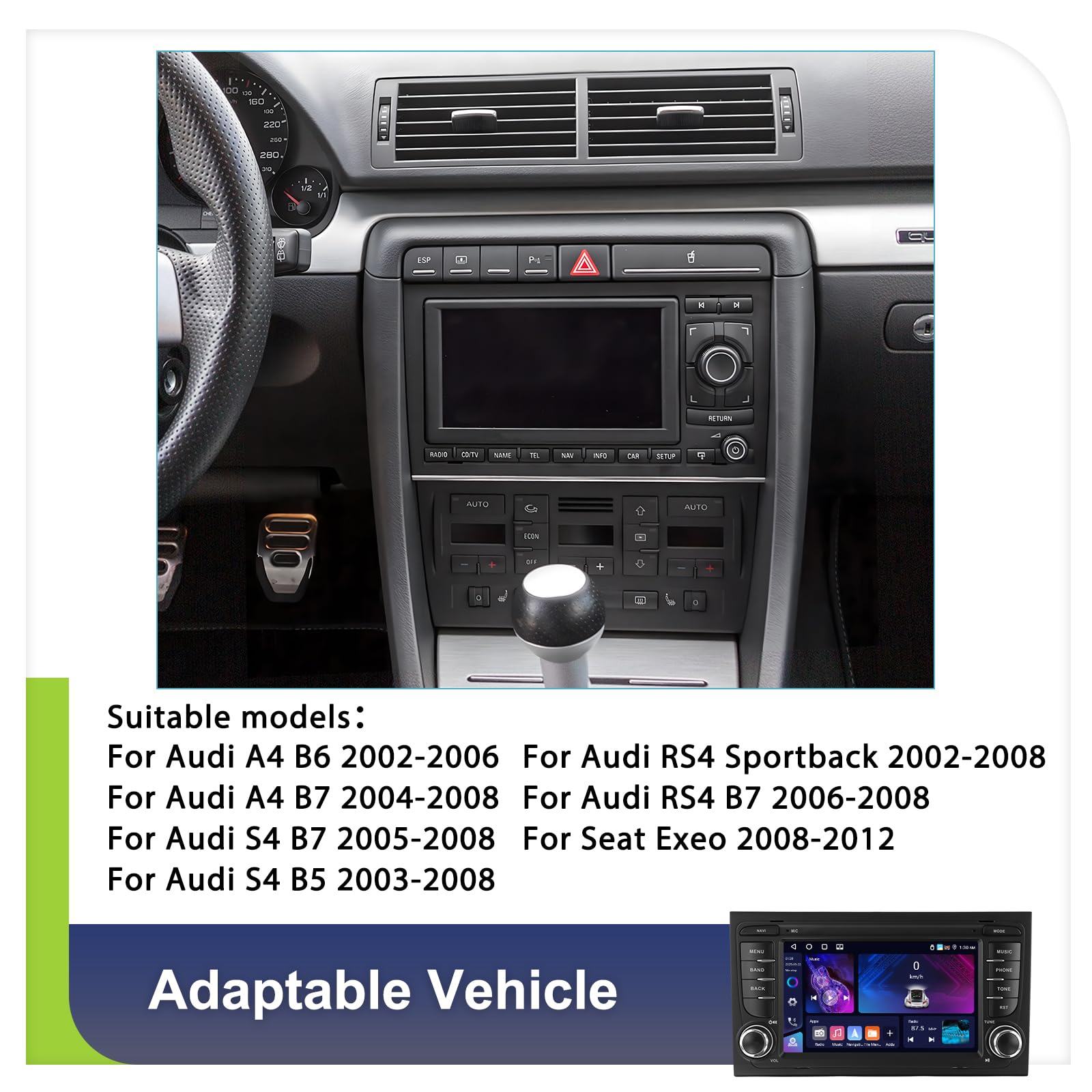 4+64 GB Android Autoradio für Audi A4 B6/B7, S4 B5/B7, RS4 B7/Sportback, Seat Exeo, Plug & Play, kabelloses CarPlay & Android Auto, WLAN, GPS, Navigation, DSP, Bluetooth + Rückfahrkamera