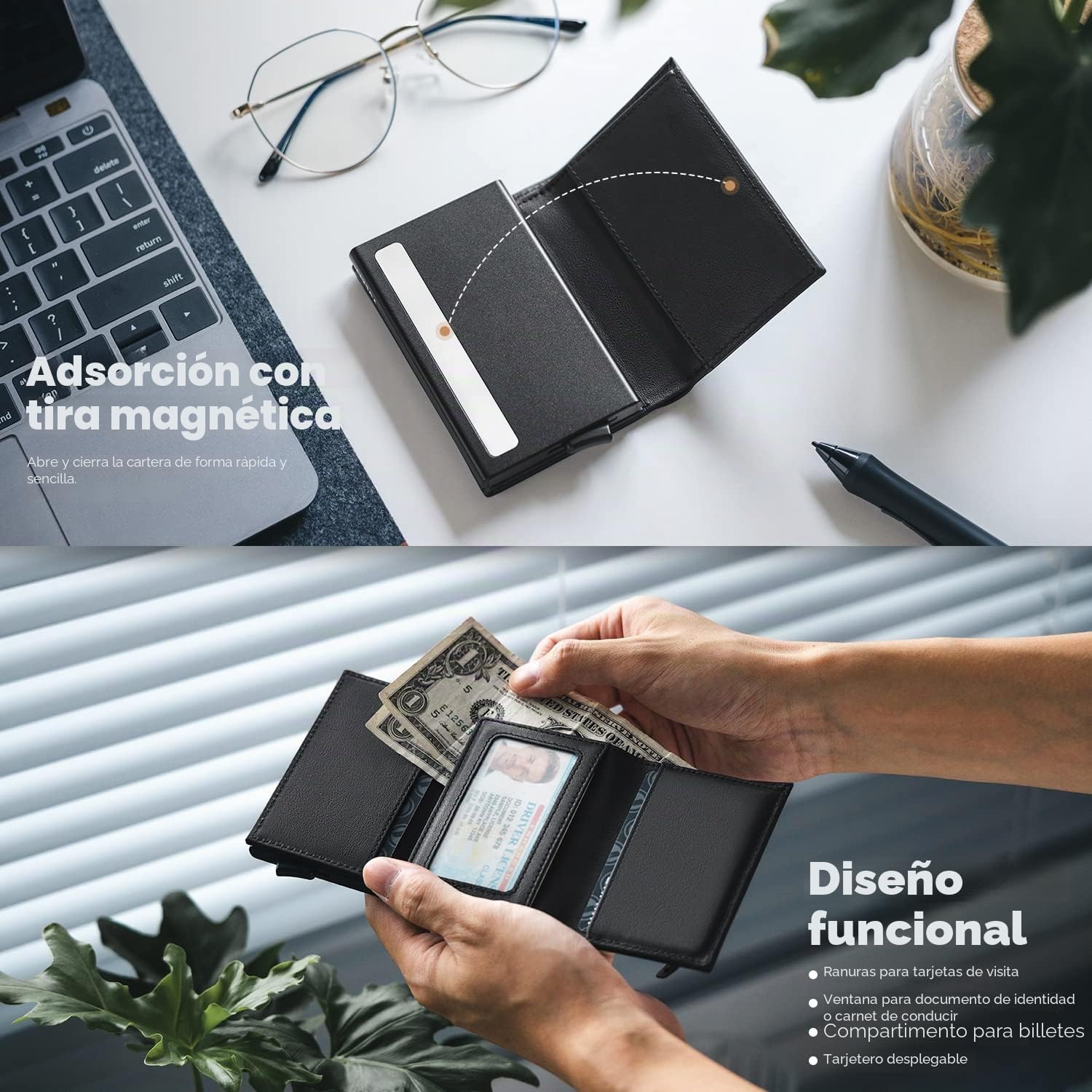 VULKIT Tarjetero RFID Bloqueo Cartera Tarjetero Hombre de Cuero Flip para Billetes y Monedas Tarjeteros para Tarjetas de Credito Automático Pop Up