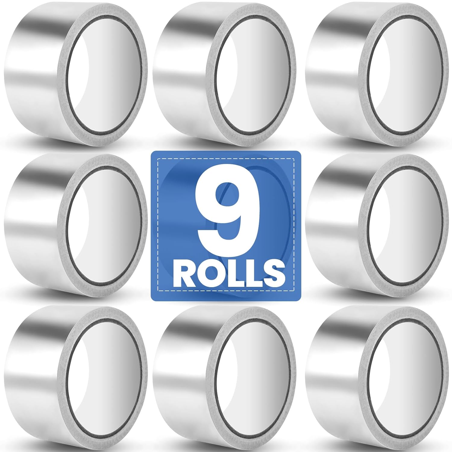 NUITPY 9 Pack Aluminum Foil Tape, 3.9 mil 2" x 450 Feet Total Silver High Temperature Tape, Metal Tape, Insulation Foil Tape for Ductwork, HVAC, Dryer Vent, Seal