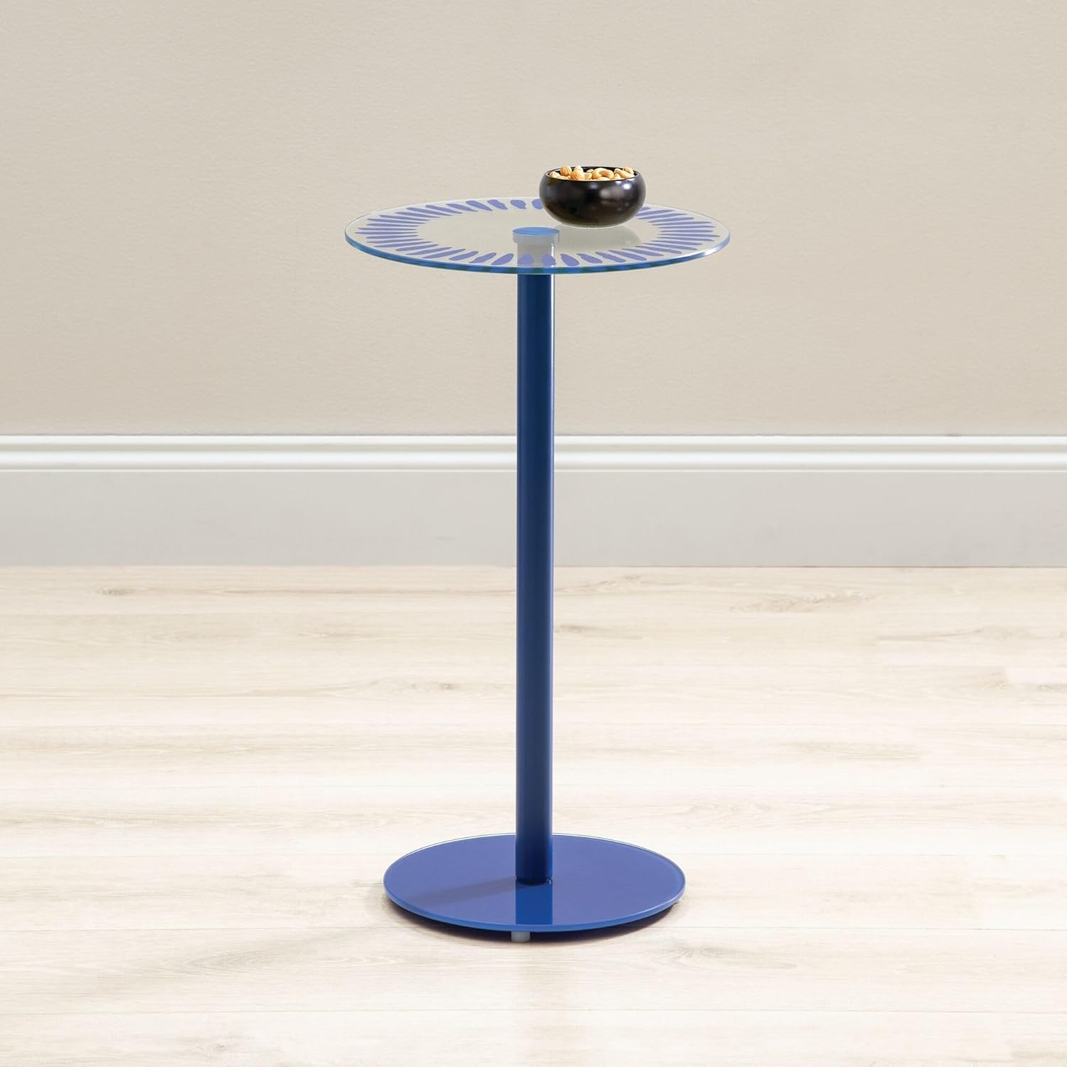 iDesign Round Drink Table - Pedestal Drink Table for Small Spaces - Clear/Blue Stripes