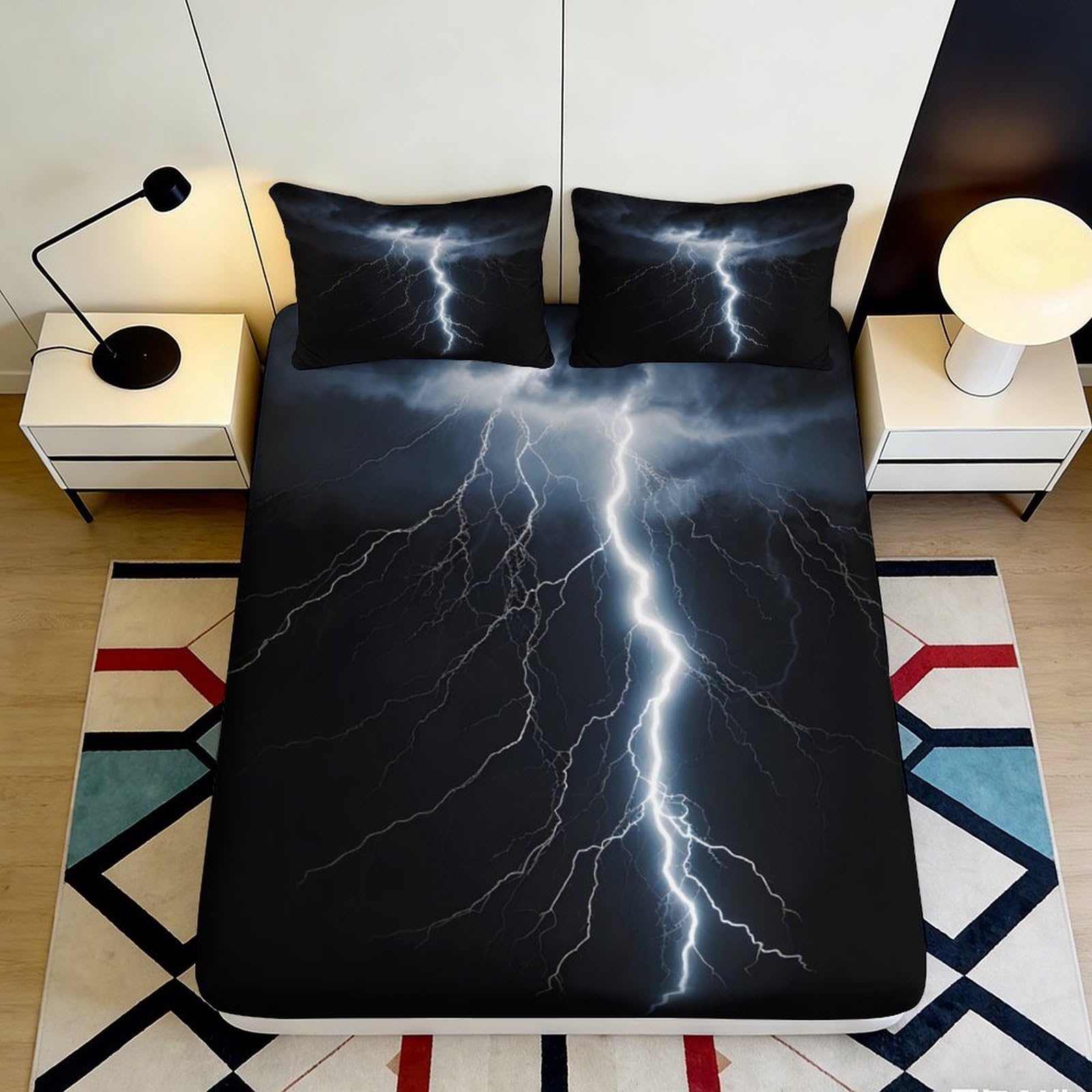 3D Printed Lightning Storm Fitted Sheet Microfiber Soft Black Thunderbolt Bed Cover for Bedroom Dorm Mattress Protection Decor 160x200x25cm