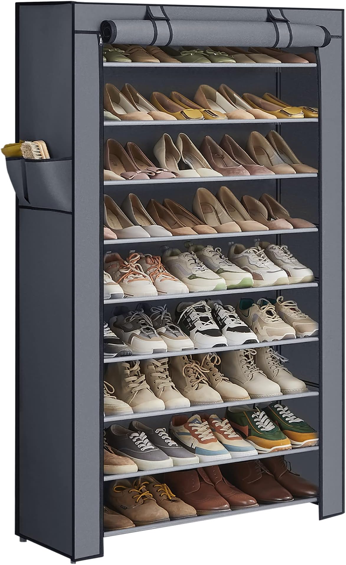 SONGMICS 10 Tiers Shoe Rack with Dustproof Cover Closet Shoe Storage Cabinet Organizer Grey URXJ36G