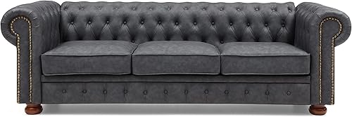 Chesterfield - Mueble clásico para sofá de piel sintética, 88 pulgadas, moderno brazo redondo de 3 plazas con clavos de bronce copetudo, respaldo de
