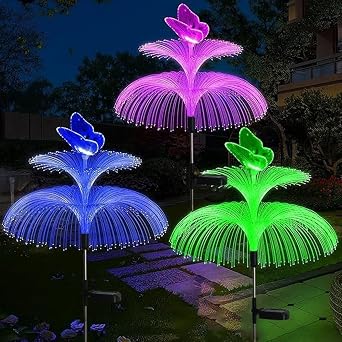 2 Pack Solar Lights Outdoor Garden, LED Jellyfish Shape Fiber Outdoor Pathway Lights Decoration, Waterproof Solar Garden Ornaments Light, for Yard Pathway Lawn Party Decorations [Energy Class A+++]