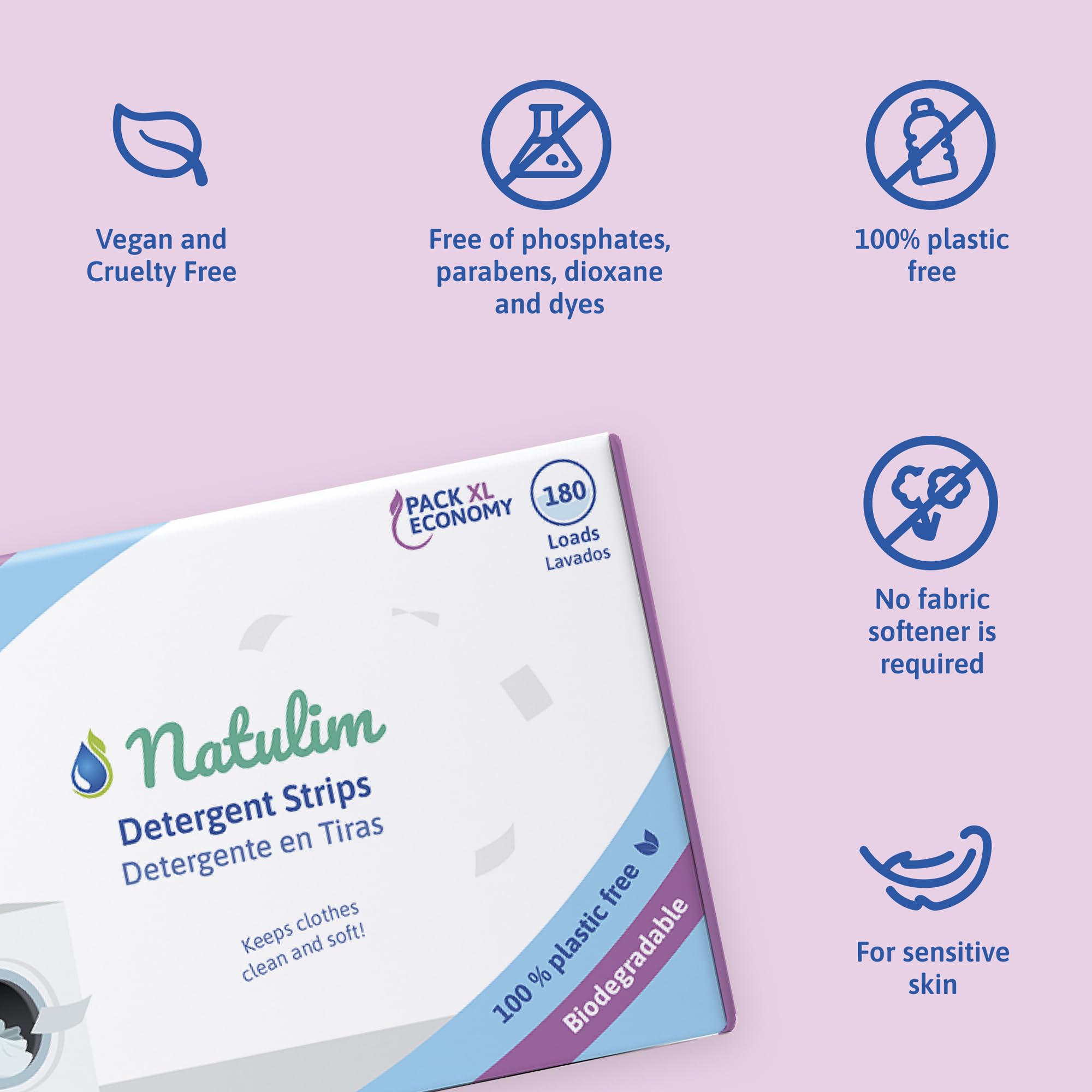Natulim - Detergent w taśmach do prania (180 prani) - Zawiera efekt zmiękczający, ekologiczny, przyjazny alergikom, Zero Waste - Czyste, miękkie ubrania bez brudu planety (Lawenda)