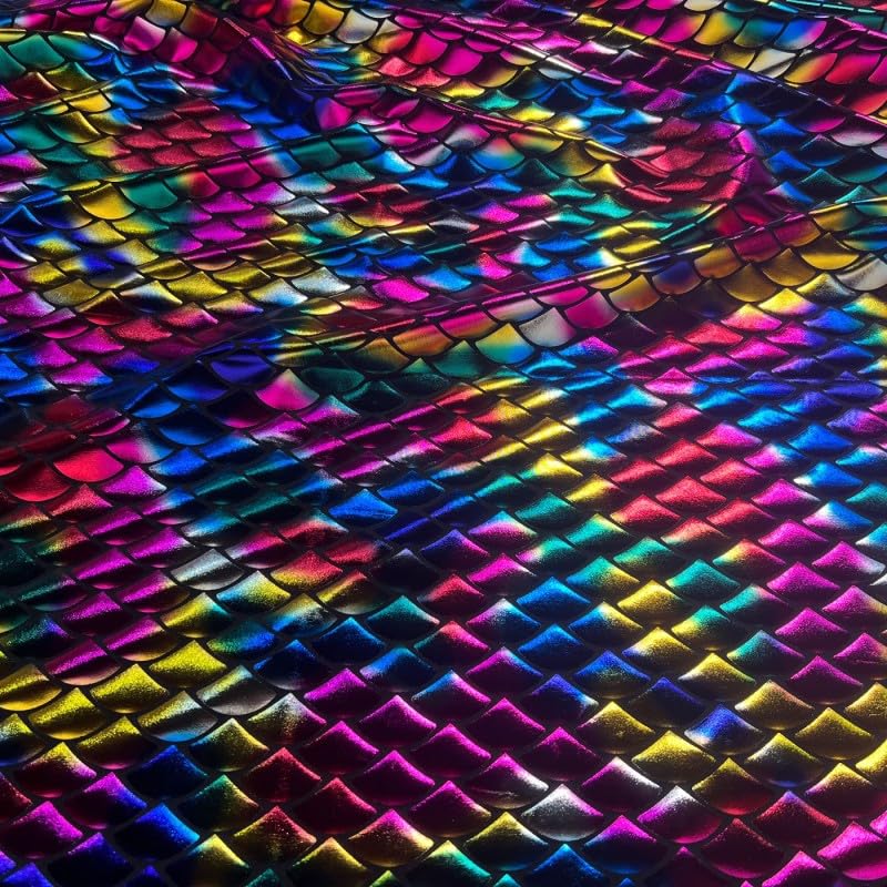 EU Fabrics Rainbow Fishscale Foil Fabric | Metallic Look Material for Fish Costume | Ideal for Dancewear and Swimsuits | Polyester Fabric by The Metre (Rainbow Fishscale Large, 1 Metre x 140cm)