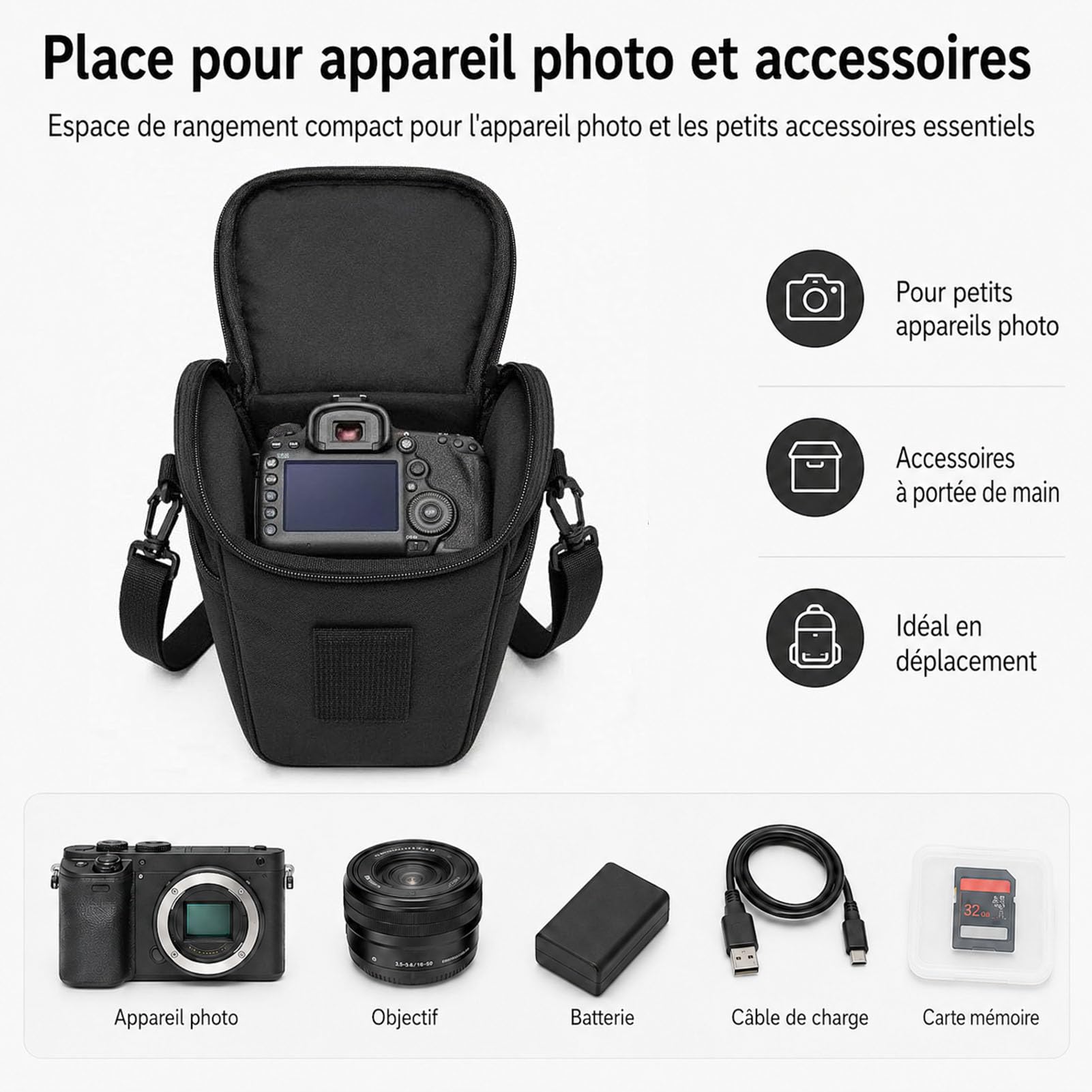 Sac Appareil Photo Noir 21x18x11 cm Sacoche Compacte pour Hybride Numérique Reflex DSLR SLR Bandoulière Amovible Réglable