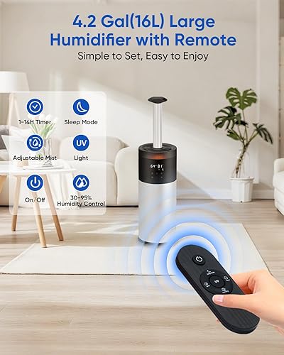 Miniatura 8 de Humidificadores para dormitorio, humidificador de 16 litros para habitación grande de 1500 pies cuadrados, humidificador ultrasónico de niebla fría