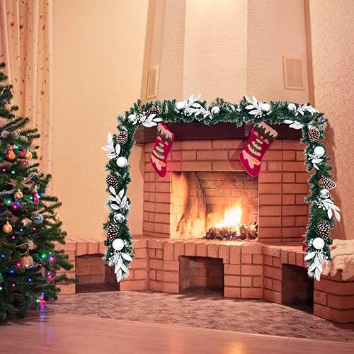Miniatura 2 de GOFLAME Guirnalda de decoración navideña de 9 pies, ratán de Navidad preiluminado con 50 luces LED, conos de pino, bolas y hojas plateadas,