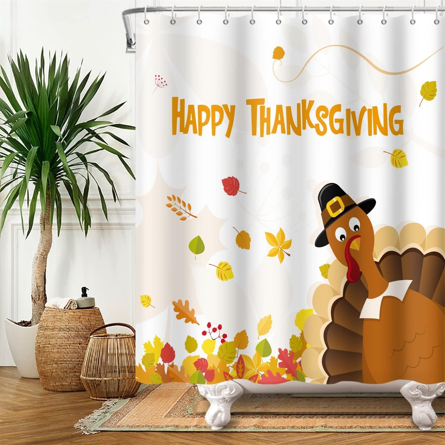ChloropLastid Thanksgiving Cute Turkey Shower Curtain Autumn Fall Maple Leaf Shower