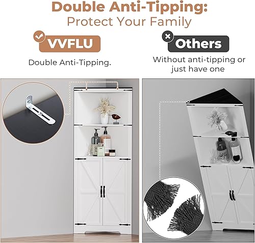 Miniatura 6 de Armario de almacenamiento de baño esquinero alto con puertas de granero, armario de cocina blanco, vitrina de esquina, independiente de 67 pulgadas,