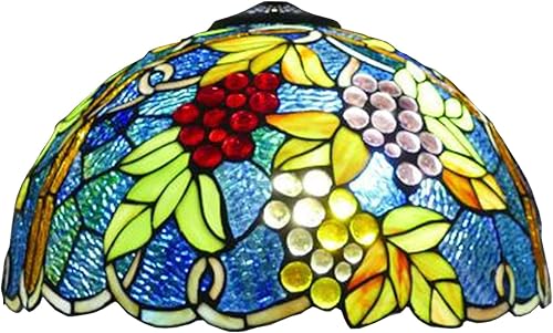 Tiffany - Pantalla de repuesto con tapa, pantalla de cristal de uvas mediterráneas, cuentas de cristal, hoja verde, azul, chimenea, solo para