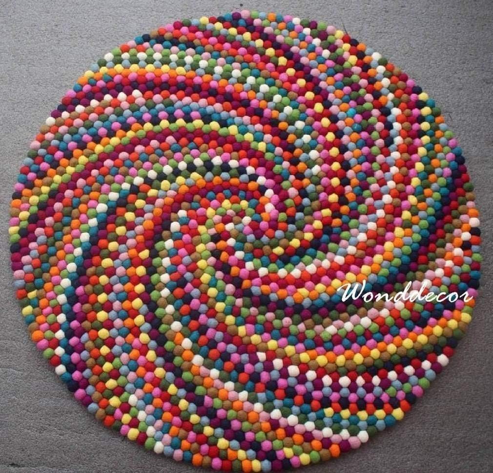 Pom pom rug - Colorful round felt ball area rug - Perfect carpet for kids room or play mat for nursery -Beautiful multicolor swirl design - Made from felted wool balls - Large, medium and small size