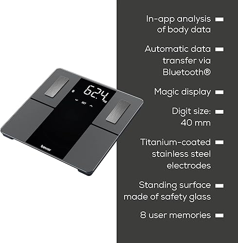 Miniatura 6 de Beurer Báscula de análisis corporal inteligente BF500 con Bluetooth y aplicación, escala de diagnóstico digital precisa que mide la grasa corporal,