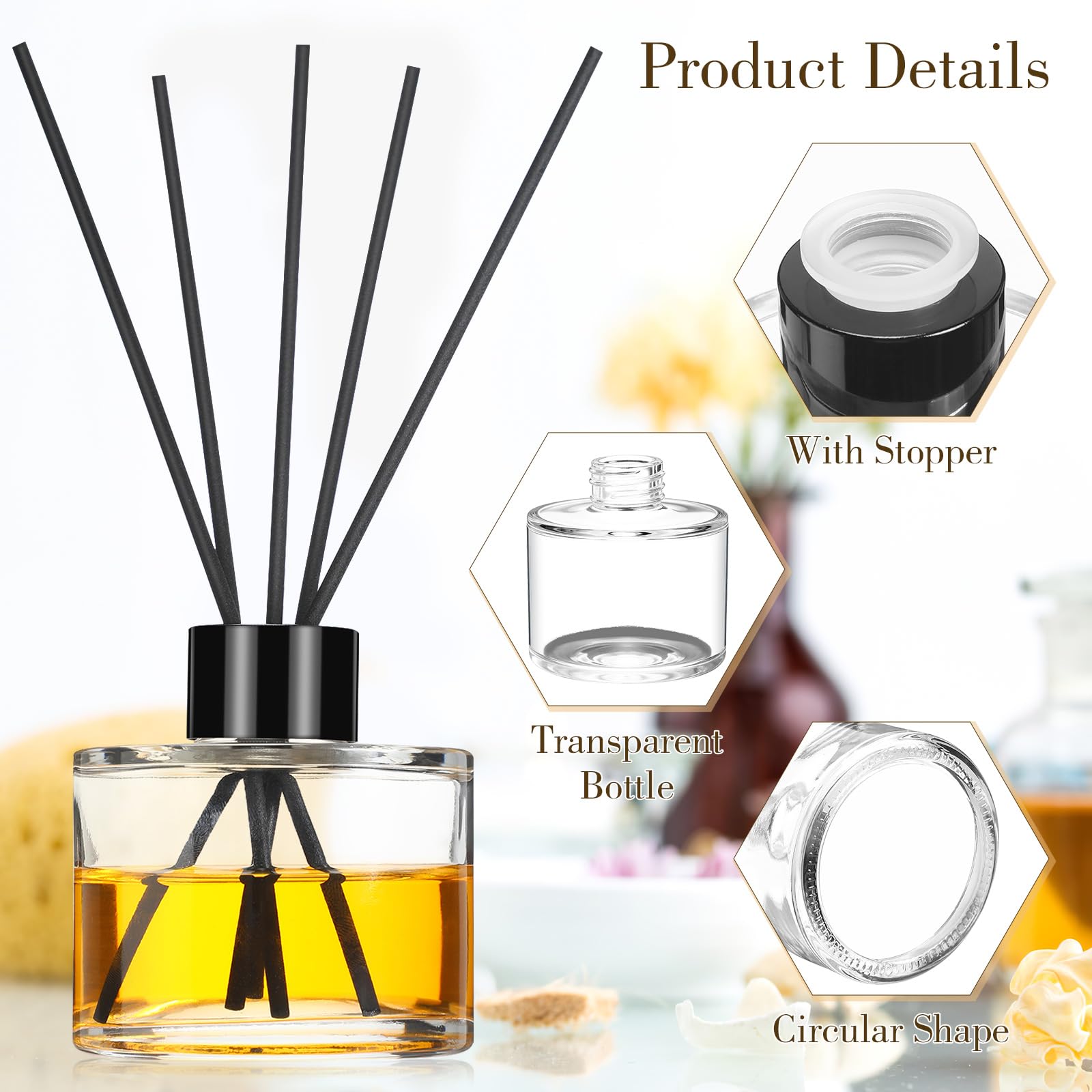 Chunful 10 Sets Schilfrohr-Diffusor-Flasche, leer, nachfüllbar, Duftglas, Diffusor-Flaschen, 100 ml, runde Gläser mit schwarzen Kappen und Rattanstäbchen für Wohnzimmer, Zuhause, Ersatzduft