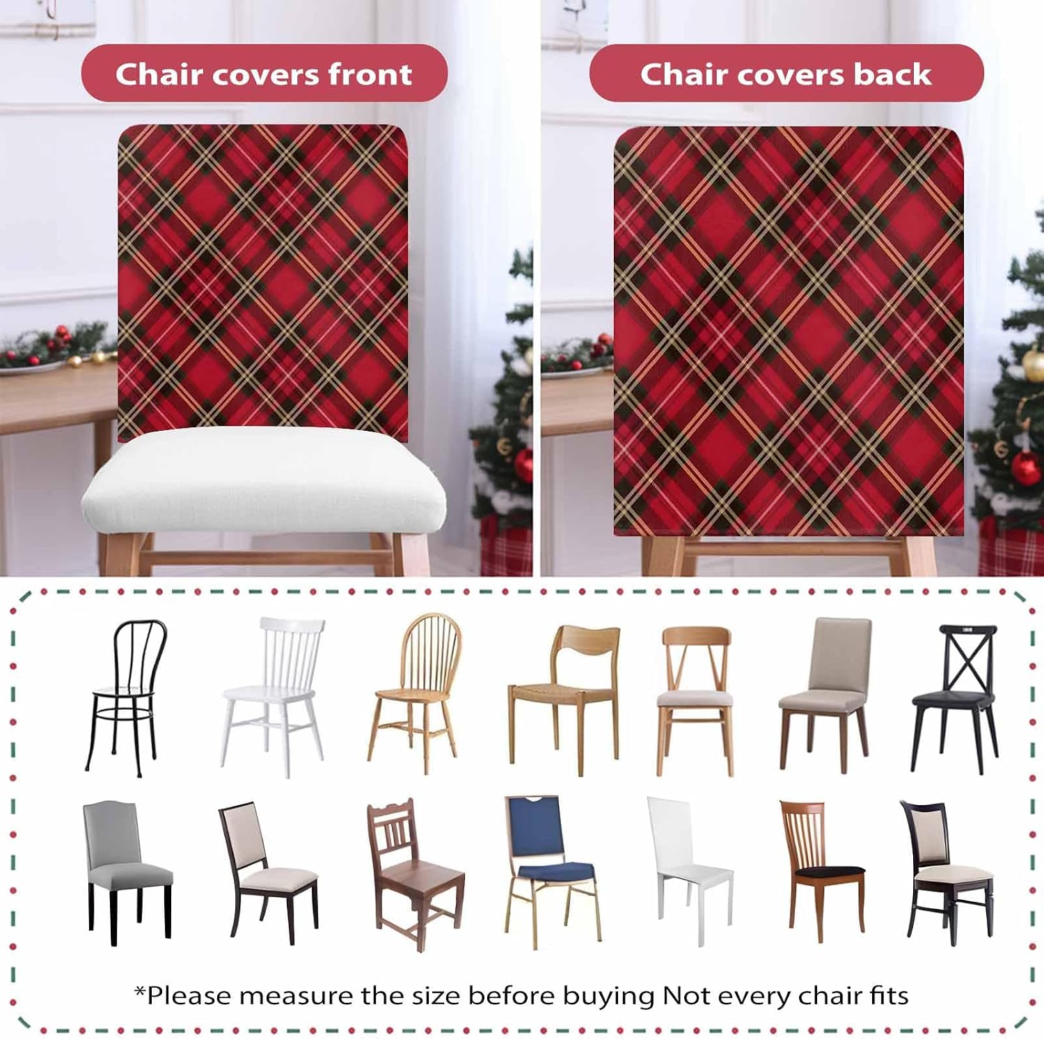 Red Green Plaid Christmas Chair Back Covers for Dining Room, Winter Xmas Linen Polyester Back Chair Protector, 4 Pcs Farmhouse Buffalo Checkered Chairs Covers for Dining Chairs Decor, 20 x 19 Inches