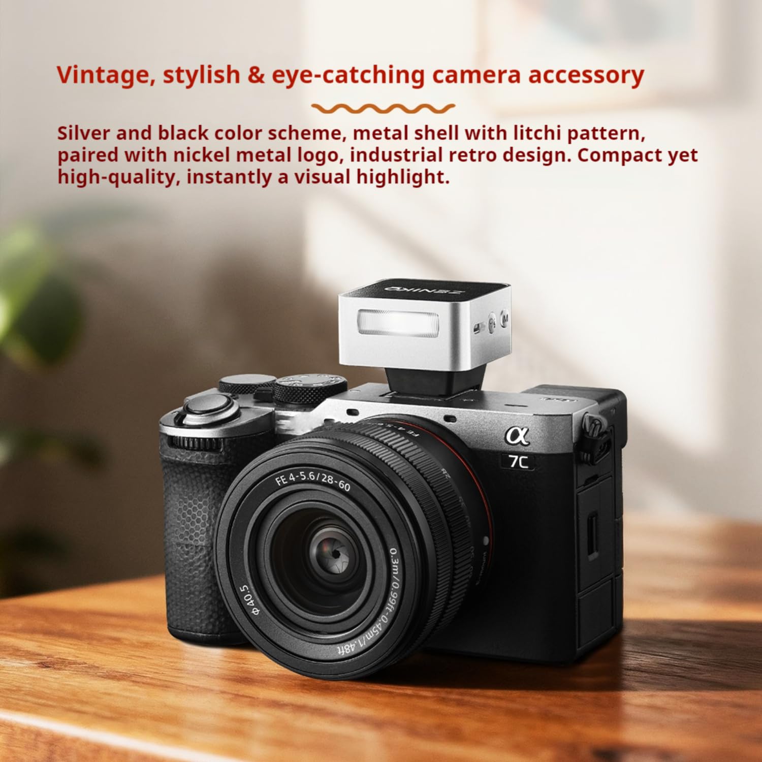 ZENIKO ZT08 F - Mini flash TTL per fotocamere Fuji da 47 g, ricarica USB-C, grandangolo da 28 mm, design retrò con display OLED, 740 flash completo, compatto e facile da viaggiare (argento)