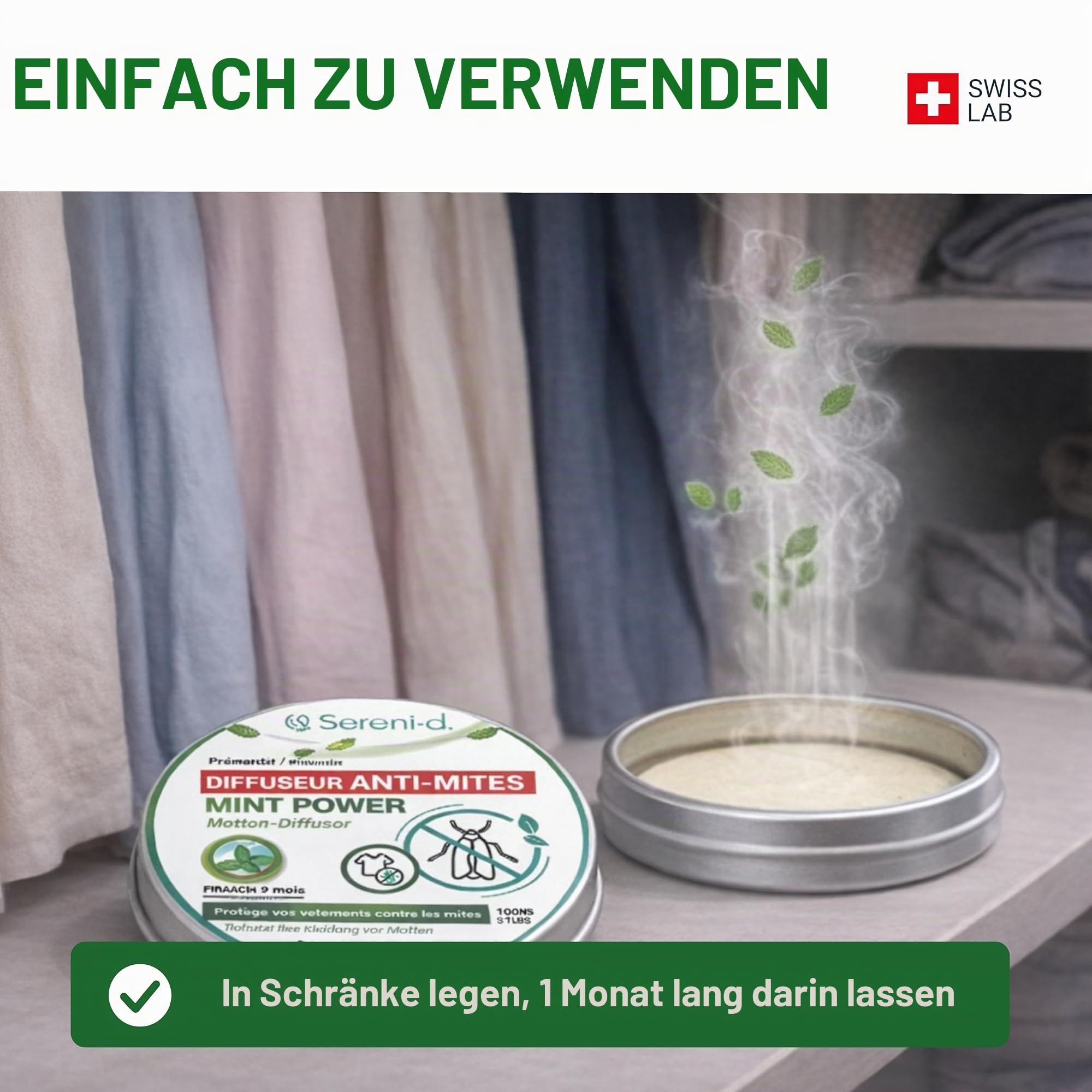 SERENI-D MOTHSCHUTZ-Diffusor für Textilien MINTPOWER - Abweisender Schutz für Kleidung, Wollwaren und Pelze - Minzduft - Sofortige Wirkung und schützt Schränke vor neuen Befällen