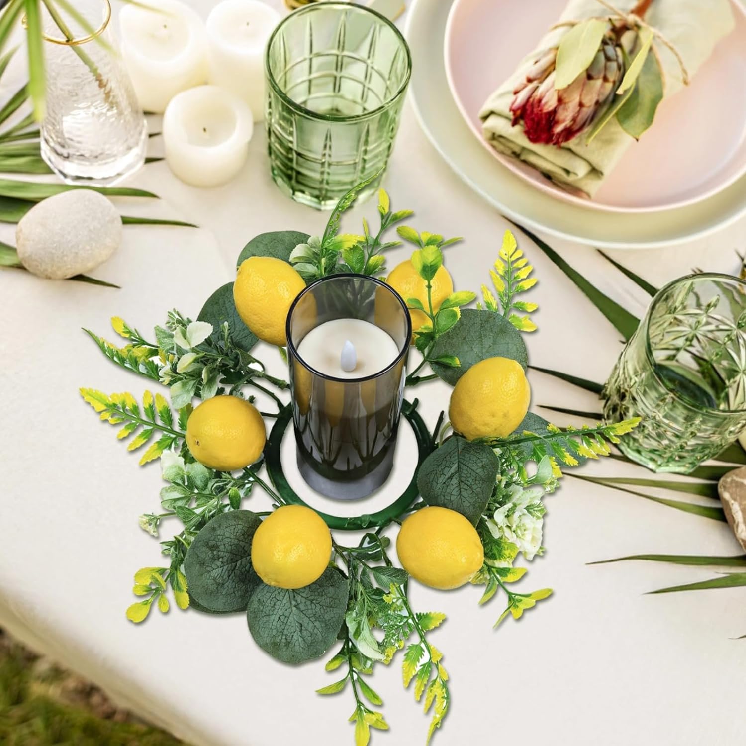 Set of 4 Candle Ring Wreaths for Table Decoration, 4-Inch Centerpiece, Spring-Inspired Floral Design with Lemons, Flowers, and Leaves, Great for Weddings and Seasonal Events