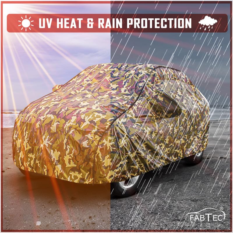 Image of FABTEC Car Body Cover for Maruti Celerio Jungle Print with Soft Cotton Lining Waterproof Car Cover UV & Rain Protection with Mirror Pocket Bottom Elastic (Military /Camouflage Pattern)