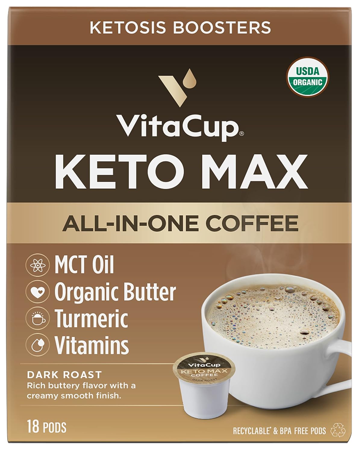 VitaCup USDA Organic Keto Max Dark Roast Coffee Pods, Ketosis & Energy, Butter, MCT