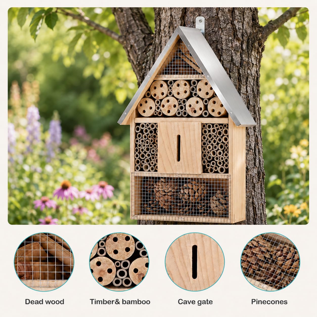 Holz-Maurer-Insekten-Bienen-Schmetterlingshaus, Insektenhotel, EIN Outdoor-Lebensraum aus Bambus für Biene, Schmetterling, Marienkäfer, Schmetterlings-Lebensraum für Garten, 22.9x39.7x6.3 cm