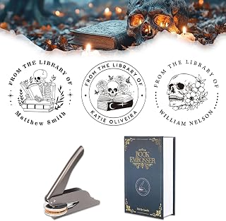 Personalized Skull Book Embosser - Library Stamp for Dark Fantasy Fans | Solid brass dies, large clear lettering, crisp raised impressions, skull reading motif, gift-ready keepsake