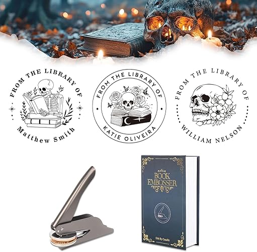 Personalized Book Embosser – Custom Library Stamp with Skull Reading | Brass Template, Crisp Large Fonts, Unique Gift for Dark Fantasy & Book Lovers
