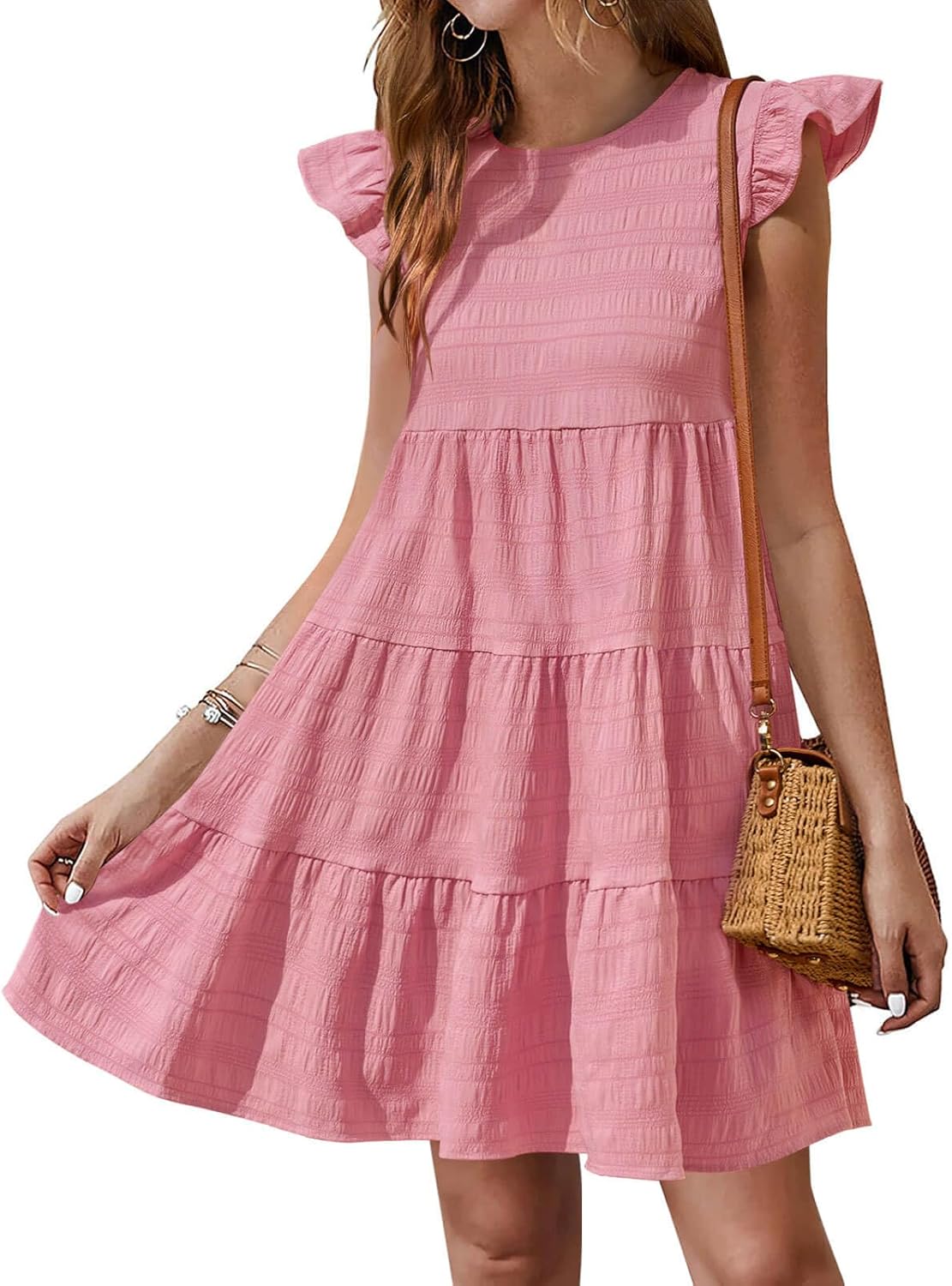 Yousify Summer Dresses for Women 2026 Ruffle Sleeve Mini Babydoll Dress Beach Casual Loose Flowy Dresses Sundress