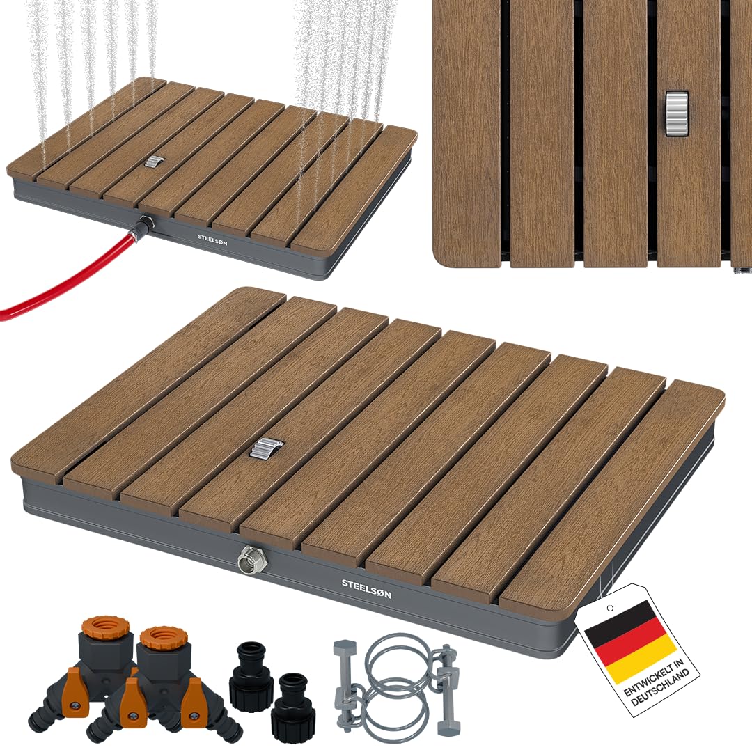 STEELSØN Samaya Bodendusche rechteckig – Außendusche Braun/Grau – Fontänenhöhe bis zu 4m mit Fußrad einstellbar – Gartendusche rutschfest – Campingdusche wetterfest – Pooldusche/Duschplatte