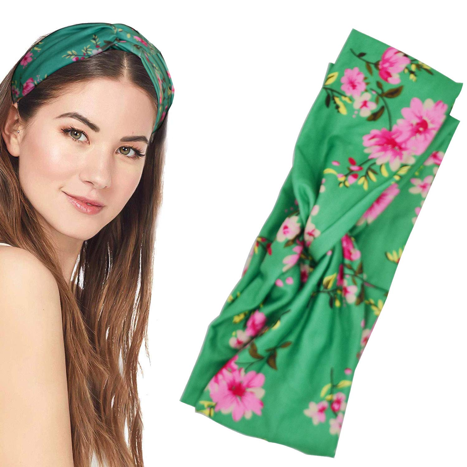 Women Vintage Headbands, Xfantong Vintage Elastic Boho Floal Style Criss Cross Head Wrap Hair Band Cute Hair Accessorie (Green)