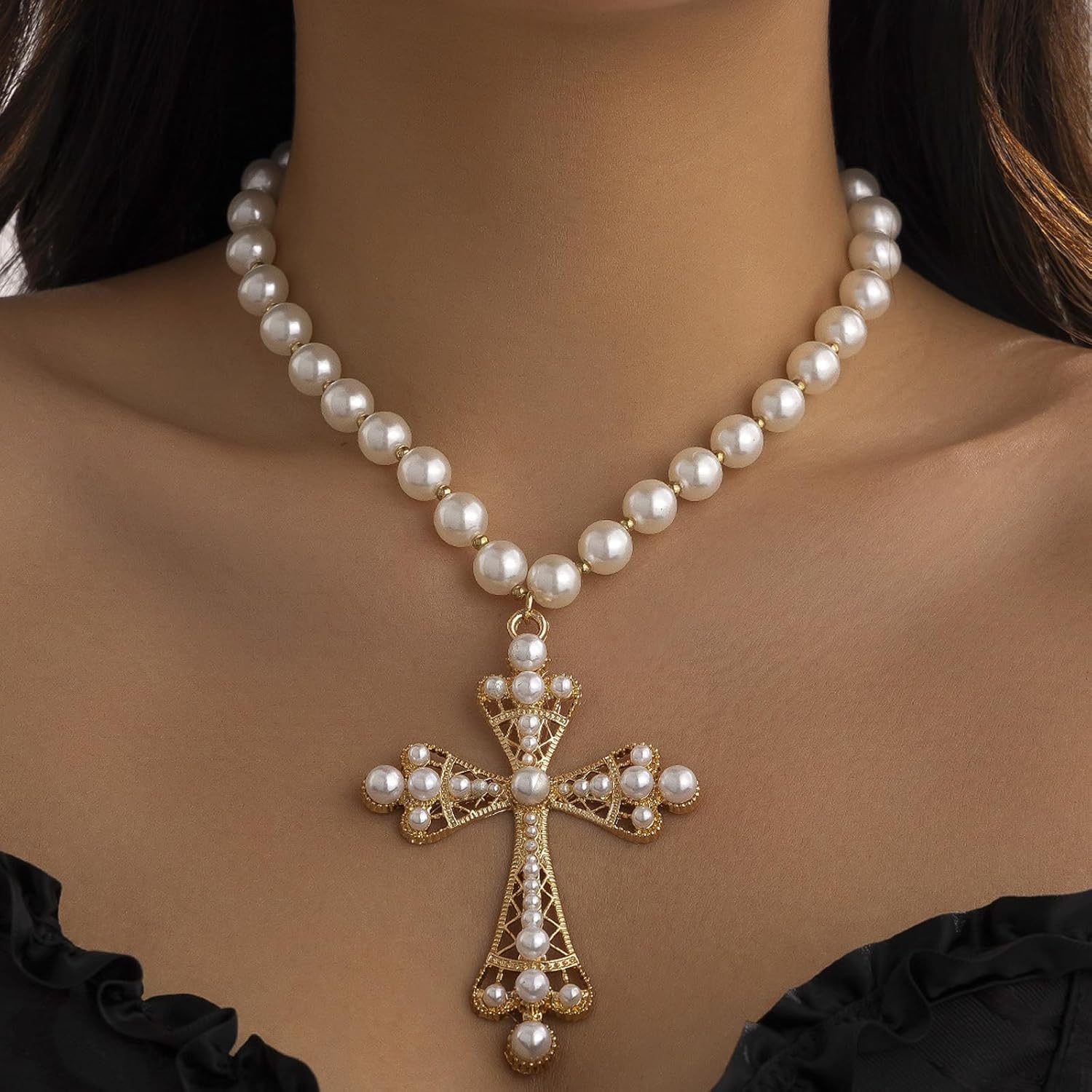 Cross Necklace for Women Gothic Cross Necklace Pearl Choker Necklaces Chunky Big Pearl Necklaces Vintage Charm Black Jewelry Goth Accessories Gothic Jewelry Gifts for Women - Image 2