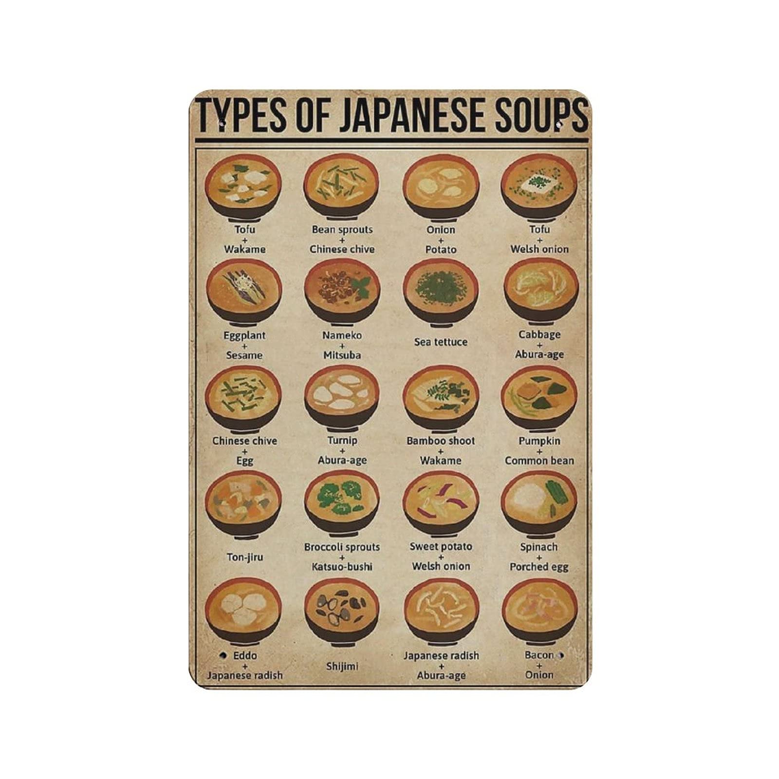 Types of Japanese Soups Knowledge Metal Signs, Fun Poster For Bar Kitchen Cafe Farmhouse Wall Decor 12x8 Inch