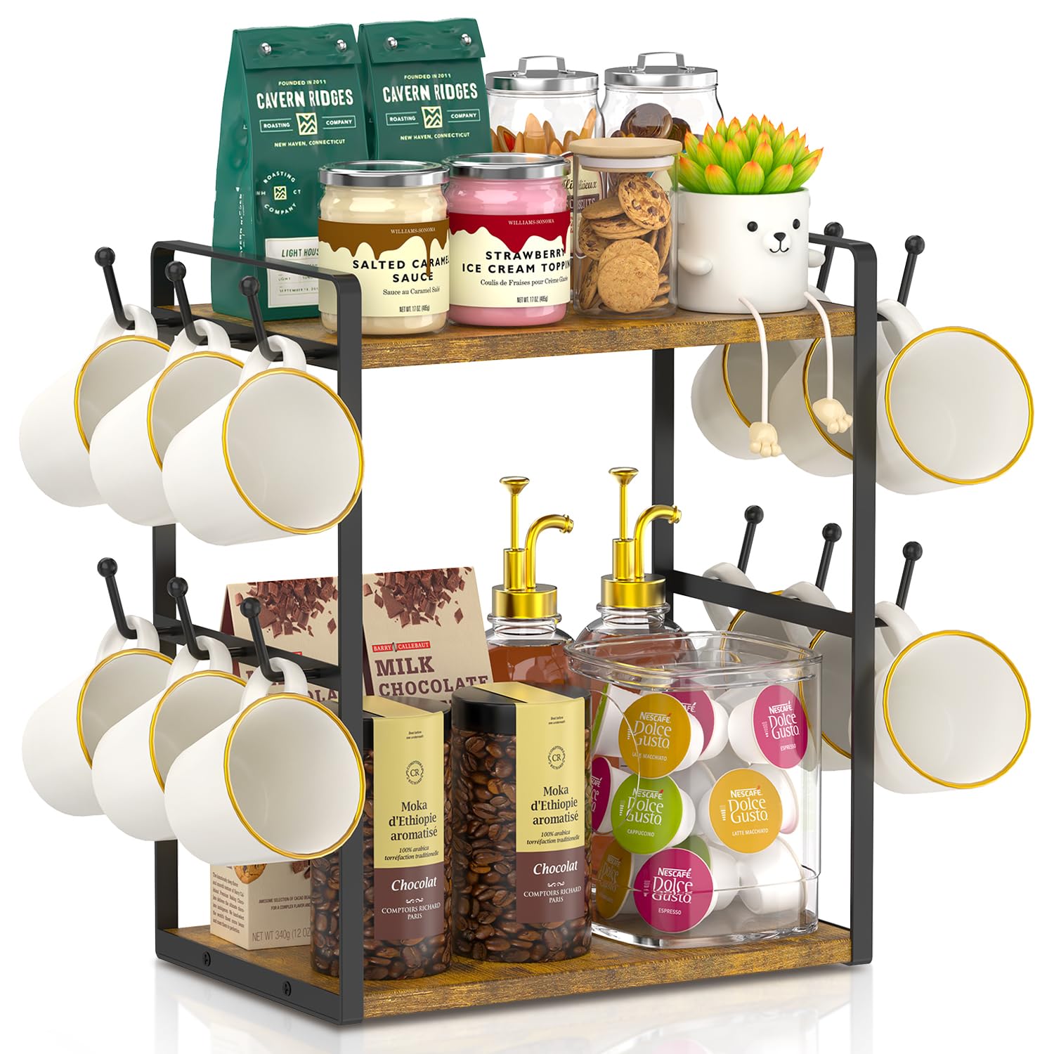 EsLuker.ly Soporte organizador de barra de café, soporte para tazas de encimera, estante de árbol de tazas de 2 niveles para cocina, oficina, estante de almacenamiento con 12 ganchos, crea una