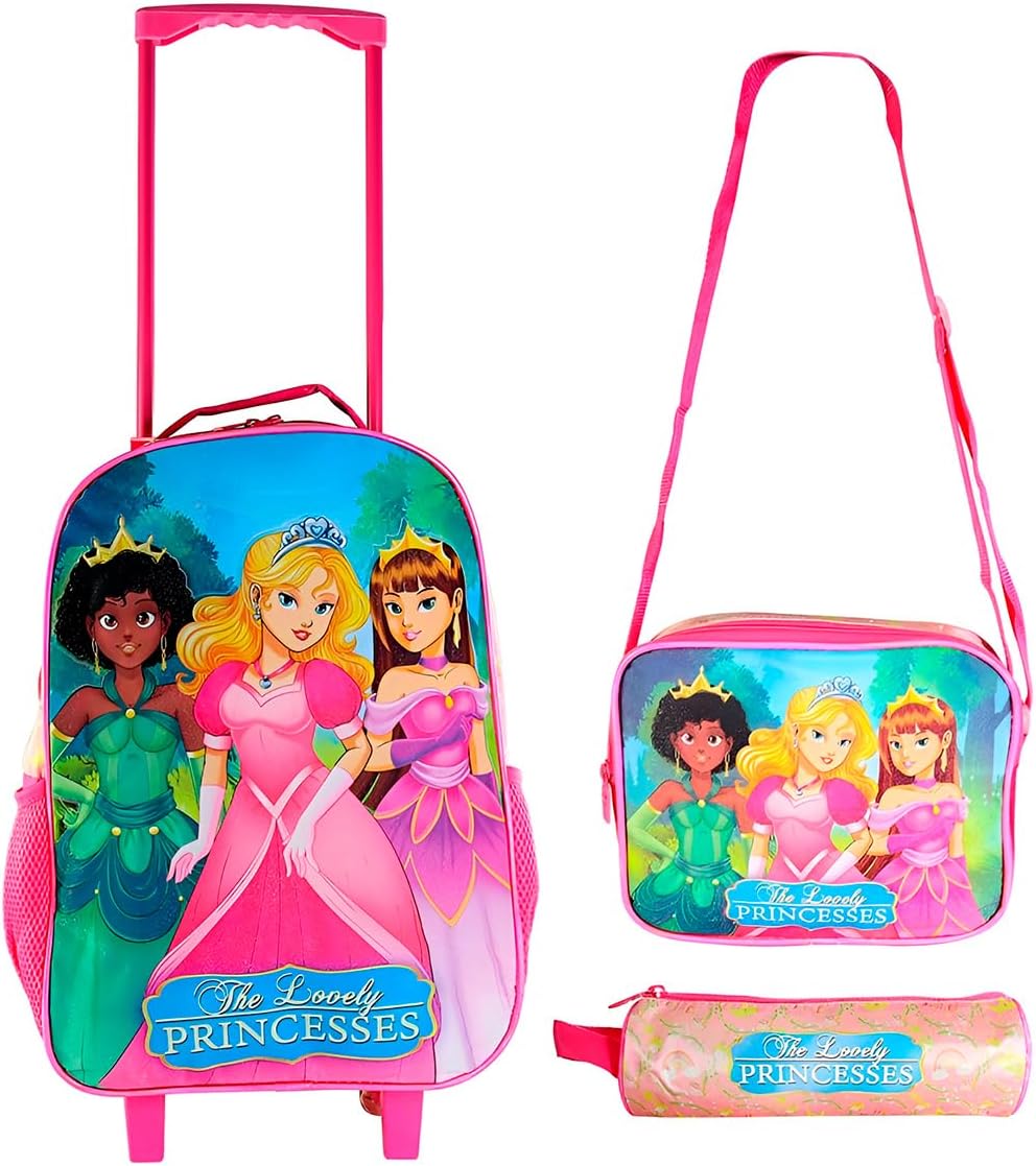 Conjunto Mochila Escolar Infantil Princesas com Rodinhas Rosa + Lancheira Térmica e Estojo Cor:Pink