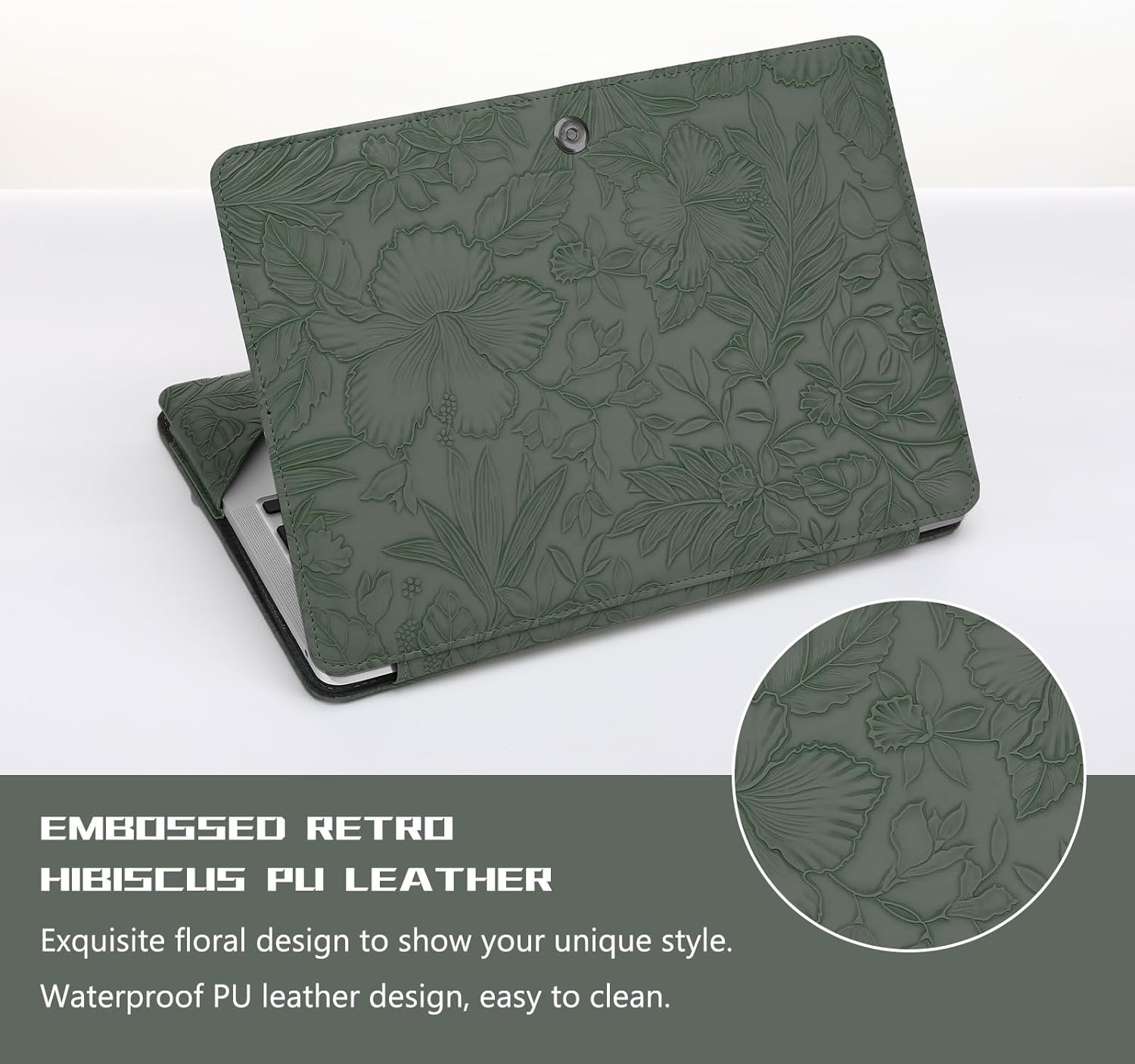 MOSISO Embossed Retro Hibiscus PU Leather Portfolio Protective Stand Cover&Laptop Tote Bag, 17-17.3 inch PU Leather Embossed Retro Hibiscus Computer Bag with Silk Scarf&Clutch Purse, Emerald Green