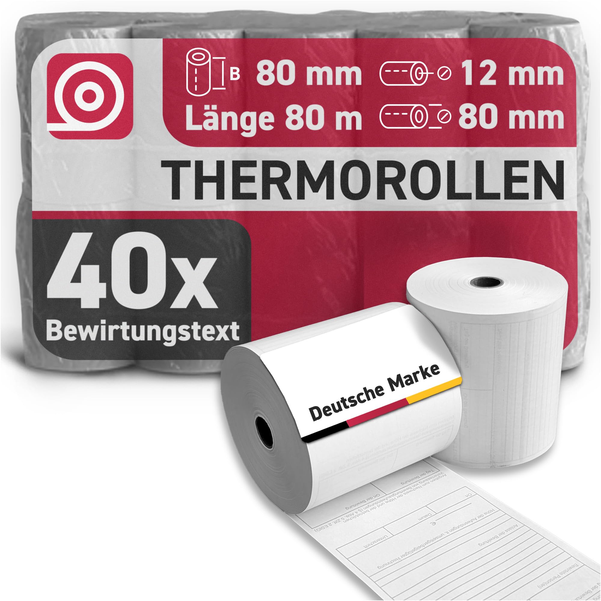 Thermorollen 80 mm x 80 m x 12 mm 55g/m² mit Bewirtungsbeleg für Gastronomie – hochwertige Bonrollen aus BPA-freiem Thermopapier – 40 Kassenrollen mit ⌀ 80 mm