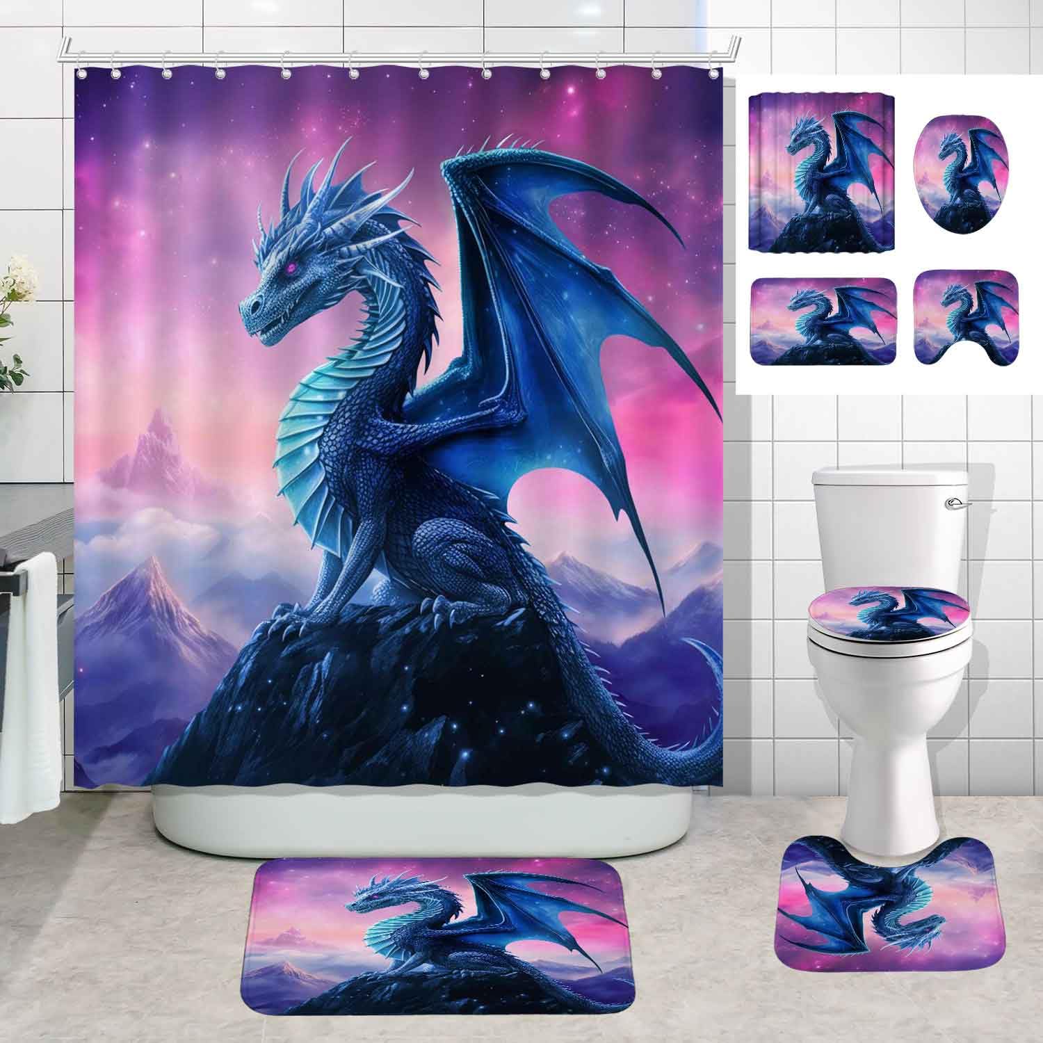 SKAILIÉ 4PCS Blue Dragon Shower Curtain Set, Purple Galaxy Medieval Mythical Creature Cool Fantasy Dragon Bathroom Decor for Boys Kids, Waterproof