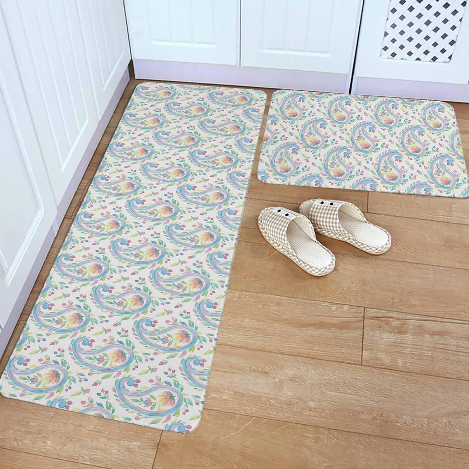 Paisley Flower Kitchen Rugs and Mats Set of 2, Non-Slip Kitchen Sink Mat, Spring Watercolor Floral Leaf Plant Blue Washable Doormat Bathroom Rugs Runner for Bedroom/Living Room 19.7"x31.5"+19.7"x47.2"