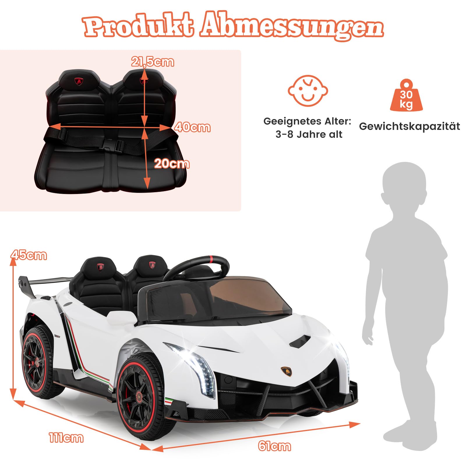 COSTWAY Lamborghini Elektroauto für Kinder, Kinderfahrzeug mit 2,4-G Fernbedienung & LED Scheinwerfer & Hupe & Musik, Elektrofahrzeug 3-6 km/h, Kinderauto Elektro für Kinder ab 3 Jahren (Weiß)