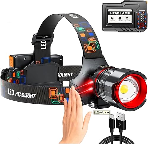 Faro delantero LED recargable de 5000 lúmenes, faro con zoom con 5 modos e impermeable IPX7, luces de cabeza ajustables de 120 para la frente para