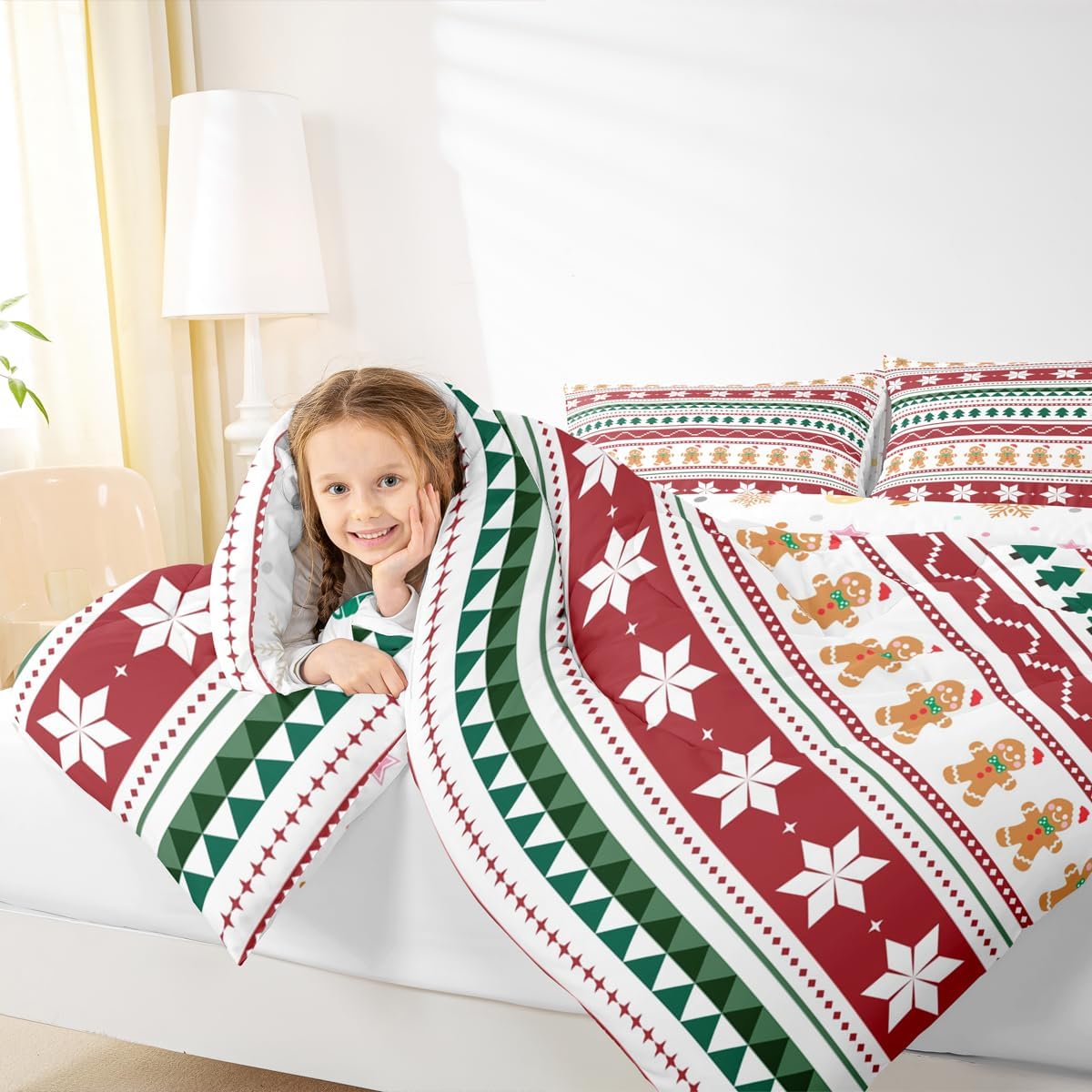 Feelyou Merry Christmas Bedding Set Soft for Boys Girls, Gingerbread Man Comforter Set Queen Size Duvet Quilt Microfiber Striped Bedroom Decor 3 Pcs with 2 Pillow Cases